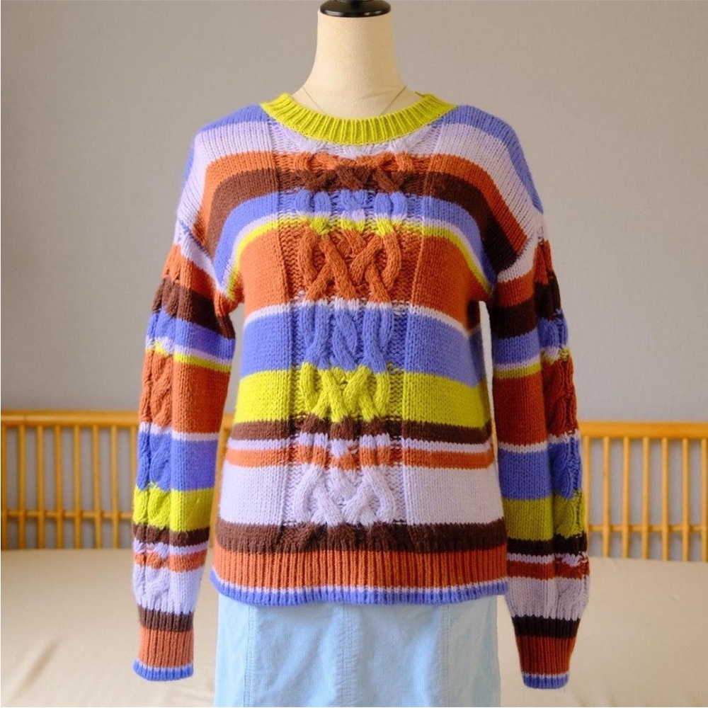 Whimsical Artsy Striped Cable Knit Sweater